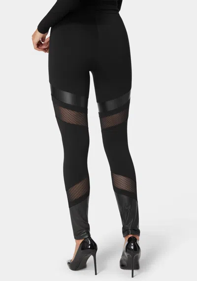 Bebe Natural Waist Swiss Dot & Vegan Leather Insert Pdr Legging In Black