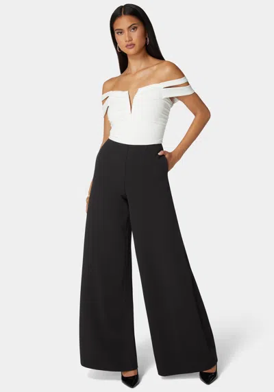 Bebe Off Shoulder Full Wide Leg Jumpsuit In White Alyssum,black