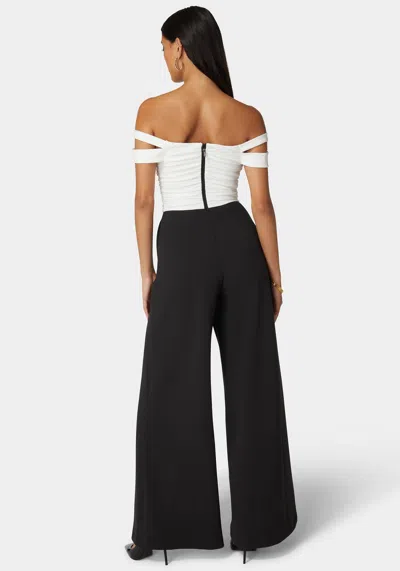Bebe Off Shoulder Full Wide Leg Jumpsuit In White Alyssum,black
