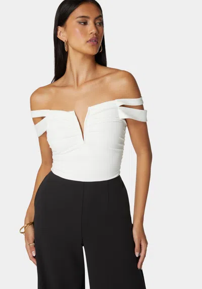 Bebe Off Shoulder Full Wide Leg Jumpsuit In White Alyssum,black