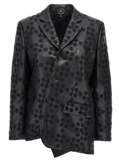 Comme Des Garçons Floral Embroidered Asymmetric Faux Leather Jacket