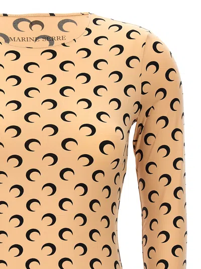 Marine Serre Beige Crewneck T-shirt With All-over Crescent Moon Print In Tech Fabric Stretch Woman In Beige