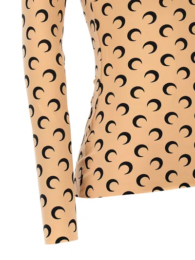 Marine Serre Beige Crewneck T-shirt With All-over Crescent Moon Print In Tech Fabric Stretch Woman In Beige