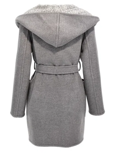 Shop Tory Burch Wool Hooded Coat In Gray