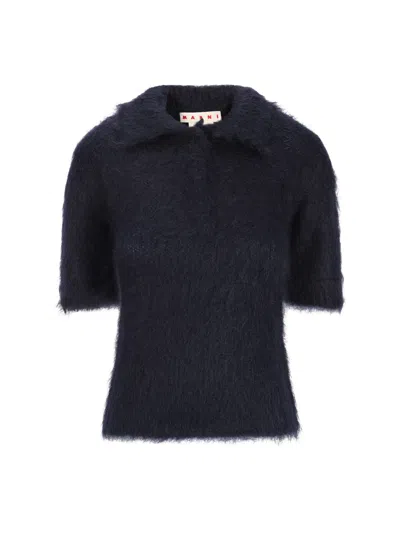 Marni Collared Neck Fuzzy Texture Short Sleeves In Black