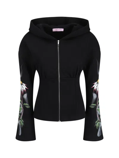 Maccapani Fleeced Cotton Sweatshirt With Floral Patterned Sleeves In Black