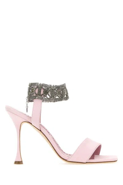 Manolo Blahnik Suede Sandals With Embellished Strap And Stiletto Heel In Pink