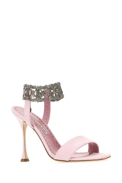 Manolo Blahnik Suede Sandals With Embellished Strap And Stiletto Heel In Pink