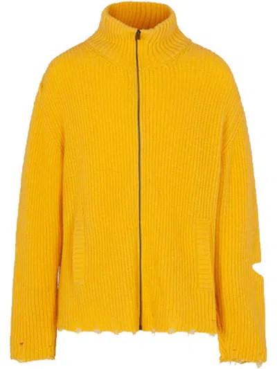 A Paper Kid Distressed Hem Knitted Jacket With Front Pockets In Yellow