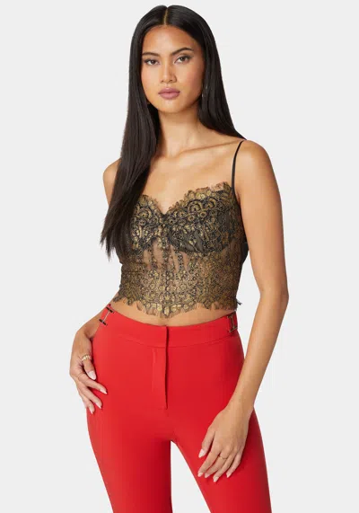 Bebe Metallic Foiled Scallop Edge Lace Corset In Black,gold