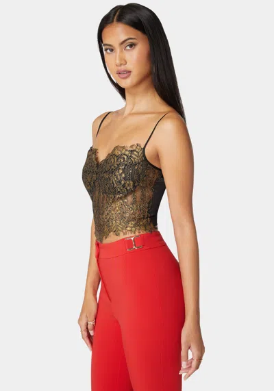 Bebe Metallic Foiled Scallop Edge Lace Corset In Black,gold