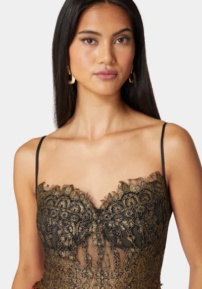 Bebe Metallic Foiled Scallop Edge Lace Corset In Black,gold