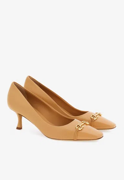 Ferragamo Bria Embellished Patent-leather Trimmed Smooth Leather Pumps In Camel