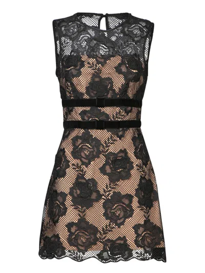 Self-portrait Black Crewneck Mini Dress With Lace Embellishments And Semi Sheer Design