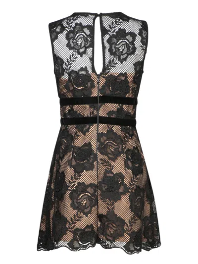 Self-portrait Black Crewneck Mini Dress With Lace Embellishments And Semi Sheer Design