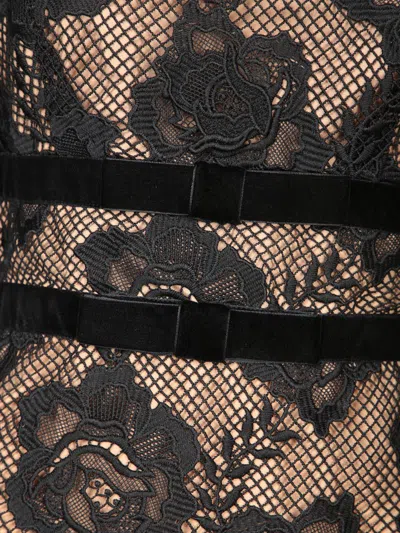 Self-portrait Black Crewneck Mini Dress With Lace Embellishments And Semi Sheer Design