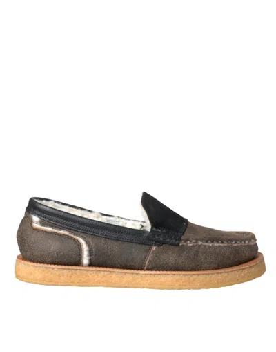 Dolce & Gabbana Brown Black Fur Leather Loafers Men Shoes In Black