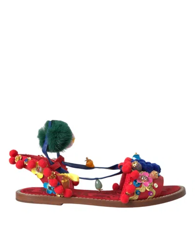 Dolce & Gabbana Multicolor Pom Pom Fur Wrap Sandals Shoes In Multicolor