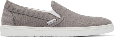 Shop Jimmy Choo Grey Croc-embossed Grove Slip-on Sneakers