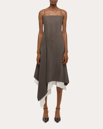 Helmut Lang Asymmetric Layered Wool Midi Dress In Brown