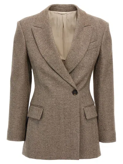 Brunello Cucinelli Double-breasted Herringbone Blazer In Brown