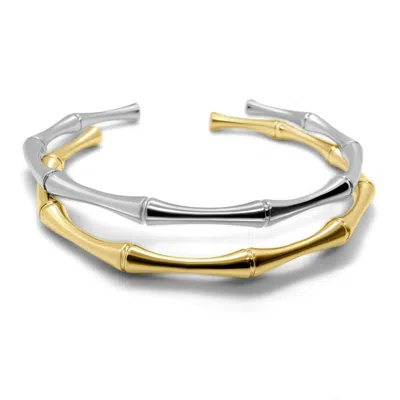 Liv Oliver 18k Gold & Silver Modern Open Cuff Bangle Set In Gold