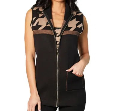 Angel Apparel Houndstooth Long Zip Vest In Black/combo In Black