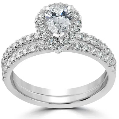 Pompeii3 1 1/10ct Pear Halo Diamond Engagement Wedding Ring Set 14k White Gold Lab Grown In Silver