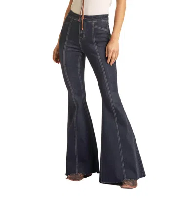 Rock & Roll Denim Cowgirl Front Seam Bargain Bell Flare Stretch Jean In Dark Wash In Black