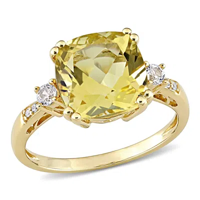 Mimi & Max 4 1/5ct Tgw Cushion-cut Citrine And Created White Sapphire Ring Diamond Accent In 10k Yellow Gold In Green