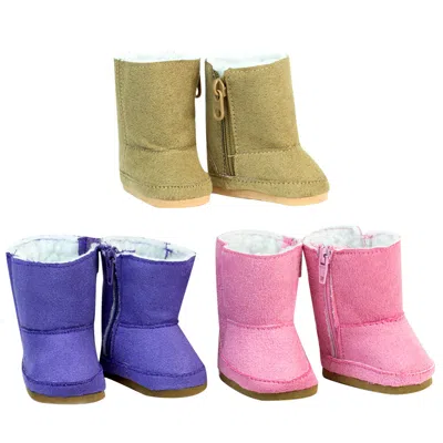 Teamson Sophia's Set Of 3 Suede Winter Boots For 18" Dolls, Pink/purple/tan