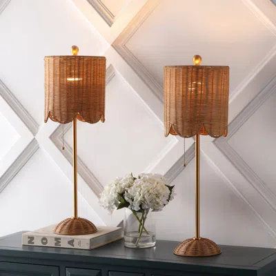 Jonathan Y Celerie 27.5" Coastal Bohemian Rattan/iron Scalloped Buffet Led Table Lamp With Pull Chain, Natural/