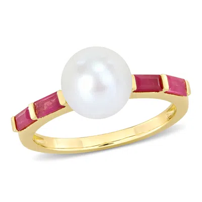 Mimi & Max 8-8.5mm Freshwater Cultured Pearl 3/4ct Tgw Baguette Ruby Ring 10k Yellow Gold In Silver