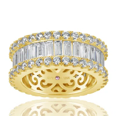 Suzy Levian Yellow Sterling Silver Cubic Zirconia White Baguette And Round Wide Eternity Band In Silver