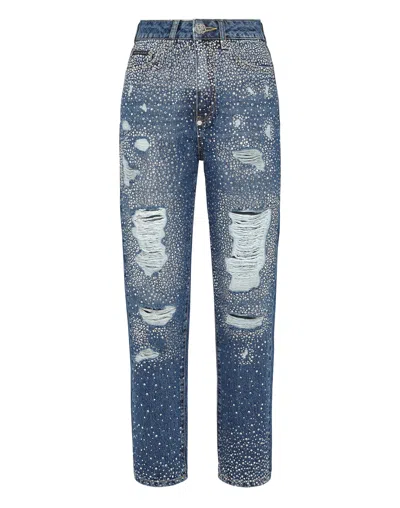 Philipp Plein Crystal-embellished Distressed-denim Trousers In Blue