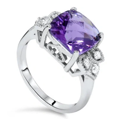 Pompeii3 4 1/4ct Cushion Amethyst Vintage Diamond Ring 14k White Gold In Purple