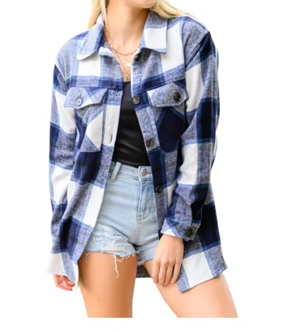 Kori Jayne Brushed Plaid Button Down Shacket In Navy Blue In Blue