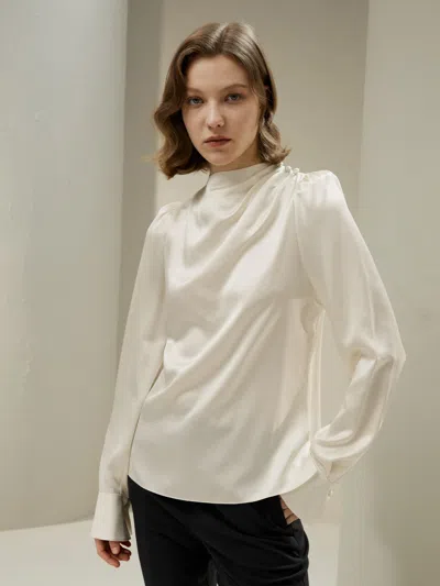Lilysil Asymmetrical Silk Blouse With Puff Sleeves For Women In White