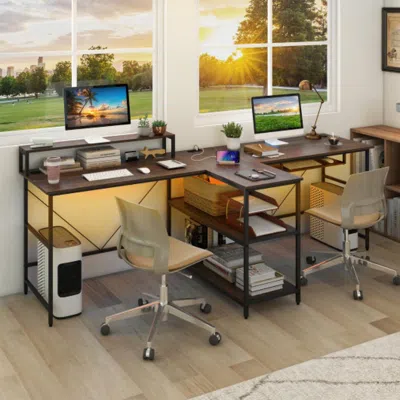 Hivvago 2-person Reversible Computer Desk Long Office Desk With Led Lights-walnut