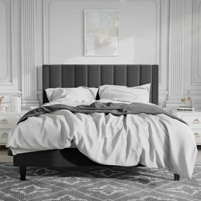 Quikfurn Queen Size Black Velvet Upholstered Platform Bed Frame With Headboard