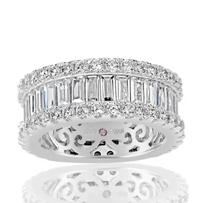 Suzy Levian Sterling Silver Cubic Zirconia White Baguette And Round Wide Eternity Band In Silver