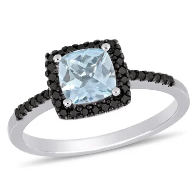 Mimi & Max 4/5ct Tgw Cushion-cut Aquamarine With 1/7ct Tw Black Diamond Halo Ring In 10k White Gold In Blue
