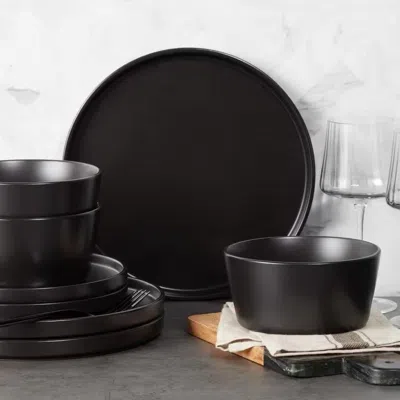 Quikfurn 16-piece Stoneware Dinnerware Set In Matte Black - Service For 4 In Black