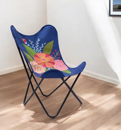 Homezia 26" Blue And Black Tropical Oversized Flowers Butterfly Chair