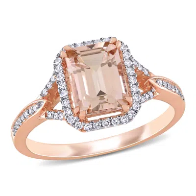 Mimi & Max 1 3/5ct Tgw Octagon Shape Morganite And 1/5ct Tw Diamond Halo Ring In 14k Rose Gold In Orange