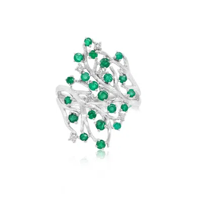 Diana M. 14kt Wg Ring With 0.11ct Diamonds And 0.86ct Em / 3.52 Gm / 27 Stone In Green