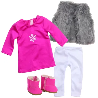 Teamson Sophia's Snowflake Dress, Faux Fur Vest, Leggings, & Booties Outfit For 18" Dolls, Hot Pink/silver/w