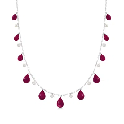 Ross-simons Ruby And Cultured Pearl Drop Necklace In Sterling Silver In Silver