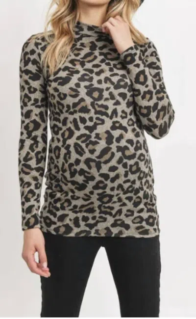 Hello Miz Mock Neck Leopard Print Maternity Knit Top In Tan In Beige