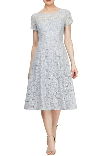 Slny Cap Sleeve Tea Length Sequin Lace Dress In Silver In Grey